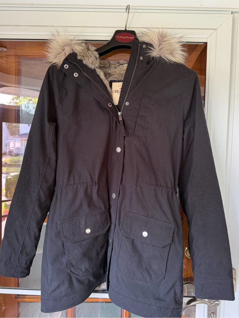 Hollister Black Women's Hooded Field Coat with Faux Fur Trim